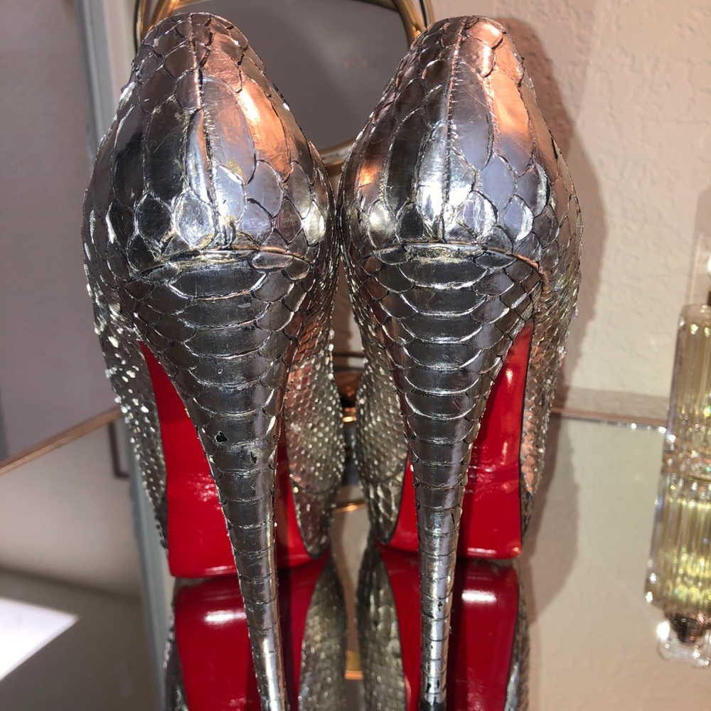Christian Louboutin silver snakeskin Peep Toe